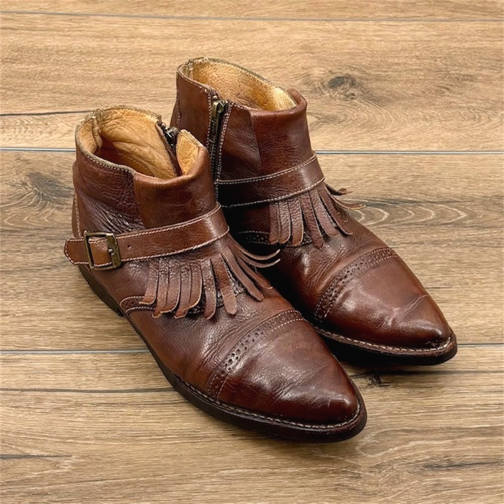 Bed Stu Cobbler Women's Size 8 Brown Leather Ankle Boots Fringe Buckle Boho‎